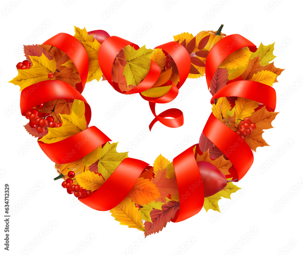 Poster autumn colorful forest leaves and a red berries the shape of a heart and red ribbon. sale frame. vec