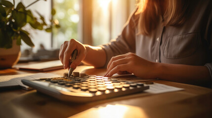 Fototapeta premium A female accountant carefully performs financial calculations on a calculator on her home office desk