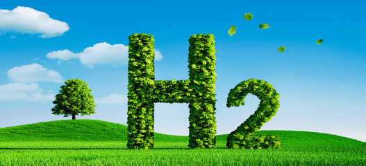 Green Energy Hydrogen Symbol covered with Leaves - 3D illustration - obrazy, fototapety, plakaty
