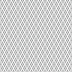 Metallic black mesh on a white background with diamond rhombus shapes holes. Diagonal crossed lines. Geometric texture. Seamless repeating pattern. Vector illustration.