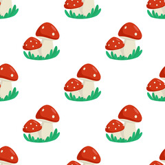 Fly agaric with grass, cartoon style seamless pattern on white background, vector graphic.