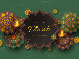 Diwali festival holiday design with paper cut style of Indian Rangoli and hanging diya - oil lamp. Green and brown colors. Vector illustration.
