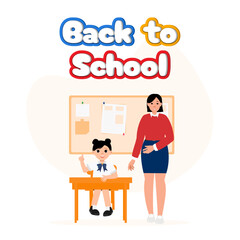 Creative back to school banner, child and beautiful teacher vector illustration. 3d view text, lesson concept poster design. Cute girl and happy woman, education idea. 