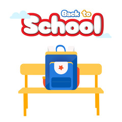 Back to school imaginative banner. Creative flat design education badge illustration.Backpag on the desk and colorful header with 3d look in the isolated background. Vector concept idea.