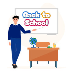 Creative back to school banner design. The male teacher is in the classroom, lecturing in front of the white board. Education concept poster, vector illustration. Equipments on the table