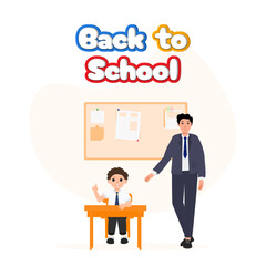 Back to school creative banner, student and teacher vector illustration. 3d view text, classroom concept poster design. Cute boy and happy man, education poster idea. 