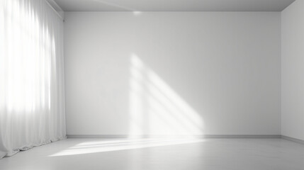 Window illuminated from behind with white drapes in a vacant space.
Unoccupied room with a white light casting shadows on the floor.
Room with a plain wall background Generative AI.