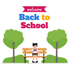 Welcome back to school banner design. Happy girl in uniform with backpack sits on a bench to go lesson. Colorful text with trees background. Vector education illustration.
