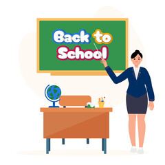 Creative back to school banner design. The female teacher is in the classroom, lecturing in front of the green board. Education concept poster, vector illustration. Equipments on the table