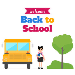 Welcome back to school vector illustration. Cute kid with backpack waiting by the bus to go to lesson. Start education banner or badge. Isolated background, flat design.