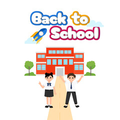 Boy and girl happy to be back to school. Vector illustration with rocket and 3d text view. Education concept banner with creative design. Building and the trees, isolated background.