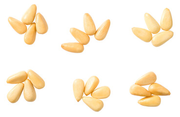 Roasted pine nuts isolated on the white background, top view.