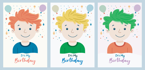 Birthday wishes template for boys with cartoon character, B-day invitation colorful design with balloons. Flat style vector illustration. kids birthday party card