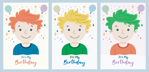 Birthday wishes template for boys with cartoon character, B-day invitation colorful design with balloons. Flat style vector illustration. kids birthday party card © stockeefy
