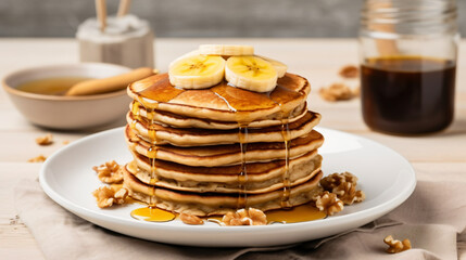 A stack of oatmeal banana pancakes topped with fresh banana slices, walnuts, and honey, accompanied by a cup of tea on a white wooden background. A nutritious breakfast. Space for copy. generative AI