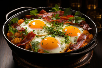 Traditional english breakfast with fried eggs and bacon in cast iron pan on dark background