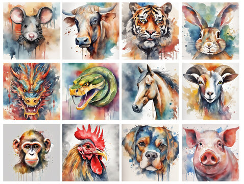 watercolor paint of chinese zodiac with Generative AI.