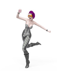 cyber punk girl on futuristic suit is running like a super hero