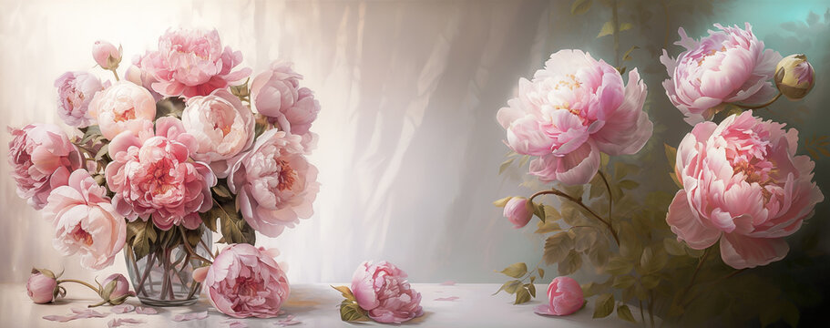 still life with gentle, pink peonias, watercolor background, banner, copy space. Decoration concept