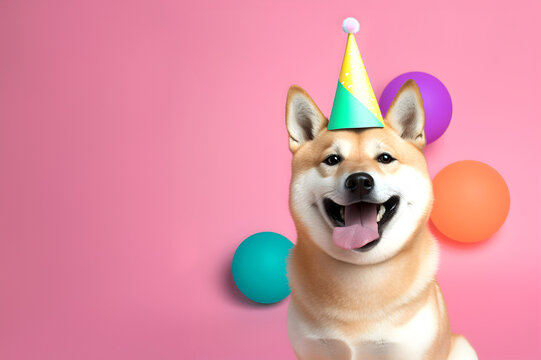 Creative animal concept. Shiba Inu dog puppy in party cone hat necklace bowtie outfit isolated on solid pastel background advertisement, copy text space. birthday party invite invitation