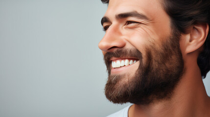 Fototapeta premium A close-up portrait of an attractive man showcasing a bright smile with pristine teeth, utilized for a dental advertisement. The individual features a modern, stylish haircut and beard. Generative AI