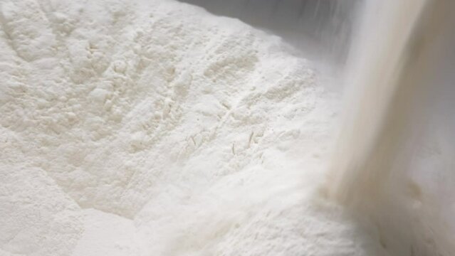Process of sifting Flour for making Dough in Bakery. Measured Amount of Flour being poured into Large Mixing Bowl through Electrical Sifter Machine. Concept of making Bread