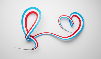 3d Flag Of Luxembourg Heart Shaped Shiny Wavy Awareness Ribbon flag White Background 3d illustration