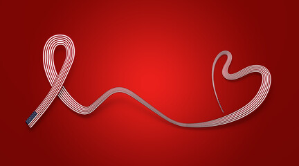 3d Flag Of USA Heart Shaped Shiny Wavy Awareness Ribbon flag On Red Background 3d illustration