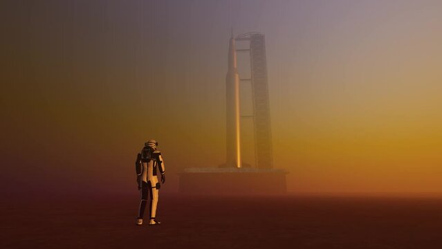 Astronaut on Mars. Martian Landscape in 3D with Rocket Space Station.