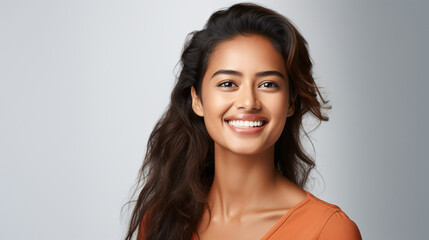 A close-up portrait of a stunning young Asian-Indian woman, smiling with pristine teeth. Used for a dental advertisement. Set against a white background. Composed using the rule of thirds.

Gen. AI