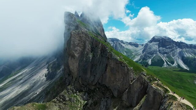 Aerial footage of Seceda in South Tyrol, Dolomites, Italy