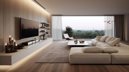 Stunningly Minimalist Apartment Interior with Expansive Luxury Window Framing Scenic Greenery