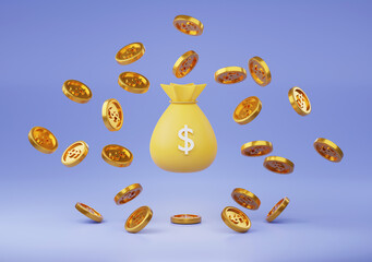 gold coin and money bag floating or coin falling down 3D render minimal background for business concept financial, banking and investment with money growth success.