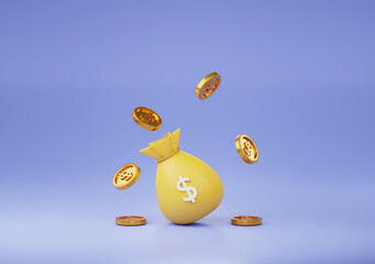 gold coin floating or coin falling down with money bag 3D render minimal background for business concept financial, banking and investment with money growth success.
