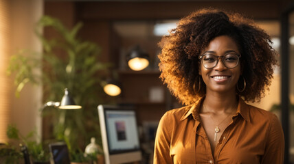 Happy middle aged business black woman ceo standing in office . Smiling young confident professional executive manager, proud lawyer, businessman leader, in a beautiful and warm office
