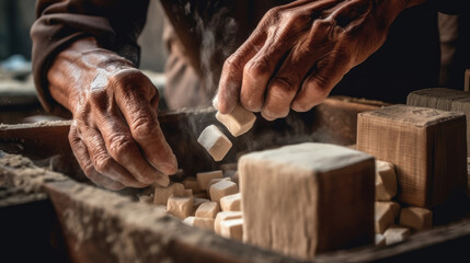 Close-up of a person making traditional handmade tofu