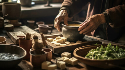 Fototapeta na wymiar Close-up of a person making traditional handmade tofu