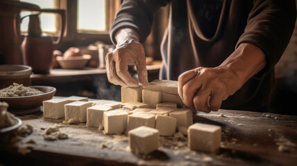 Close-up of a person making traditional handmade tofu