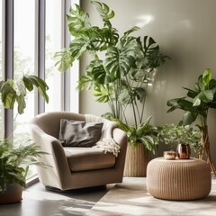 Living room interior with plant and armchair