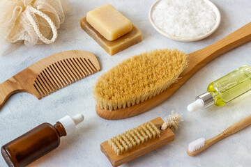 Set of wooden bath supplies and beauty treatment cosmetic products