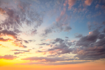 Amazing real sky - Vibrant  colors Panoramic Sunrise Sundown Sanset Sky with colorful clouds. Without any birds.  Natural Cloudscape