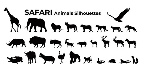Vector set of detailed african animals silhouettes isolated on white background