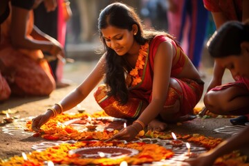 Indian women making flower rangoli for Hindu festival celebration. 