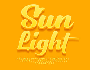 Vector bright template Sun Light with elegant Yellow Font. Cursive Alphabet Letters and Numbers set