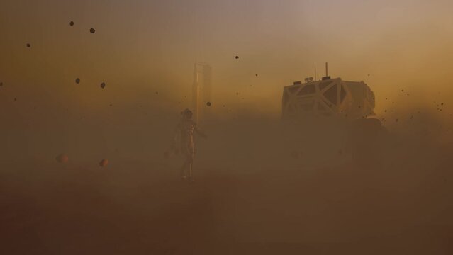 Astronaut on Mars. Martian Landscape in 3D with Rocket Space Station.
