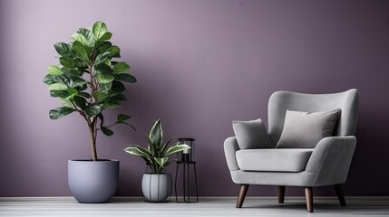 Minimalist living room interior with potted plants and purple armchairs