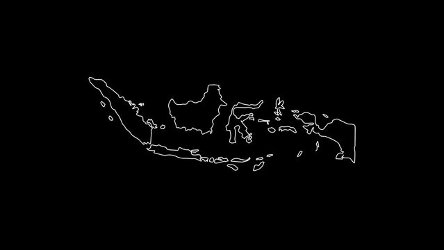 Indonesia map animation line. White line drawing on a black background.