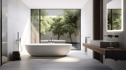 Seamless Connection: Modern Minimalist Bathroom with Expansive Glass Overlooking the Backyard