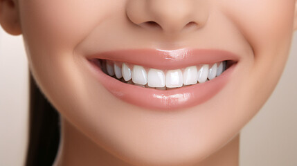 Fototapeta premium A close-up shot of the lower portion of a woman's face. She boasts a lovely, charming smile with immaculate teeth. Features include her chin, nose, and mouth. Ideal for dental service promotions. AI