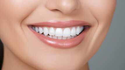 A close-up shot of the lower portion of a woman's face. She boasts a lovely, charming smile with immaculate teeth. Features include her chin, nose, and mouth. Ideal for dental service promotions. AI